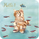 Een kat speelt met vissen in het water, met de tekst "Hello!" erboven.
