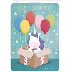 Kaart met enveloppe Happy birthday eenhoorn met balonnen