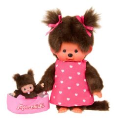 Monchhichi met baby in draagmandje